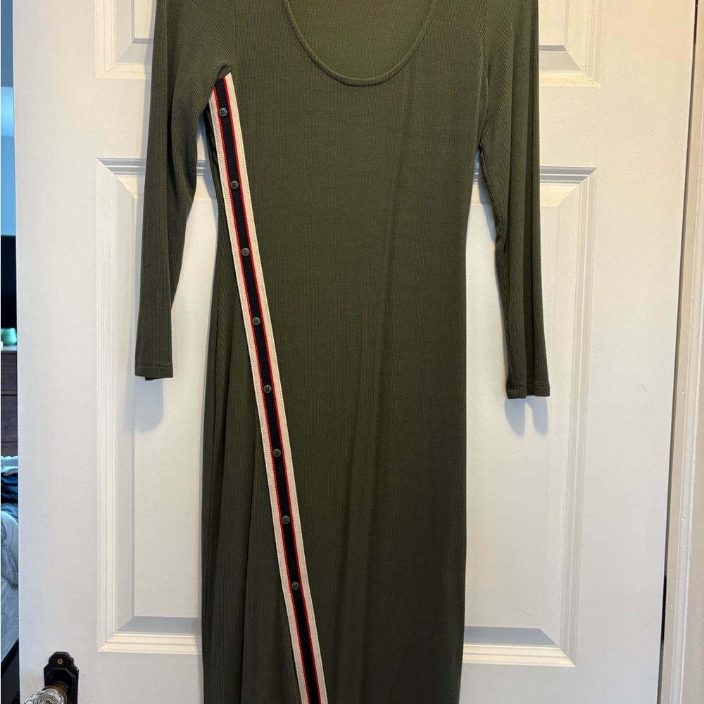 Anthropologie- Bordeaux Olive Green Long Sleeve Midi Dress with Cargo Detail